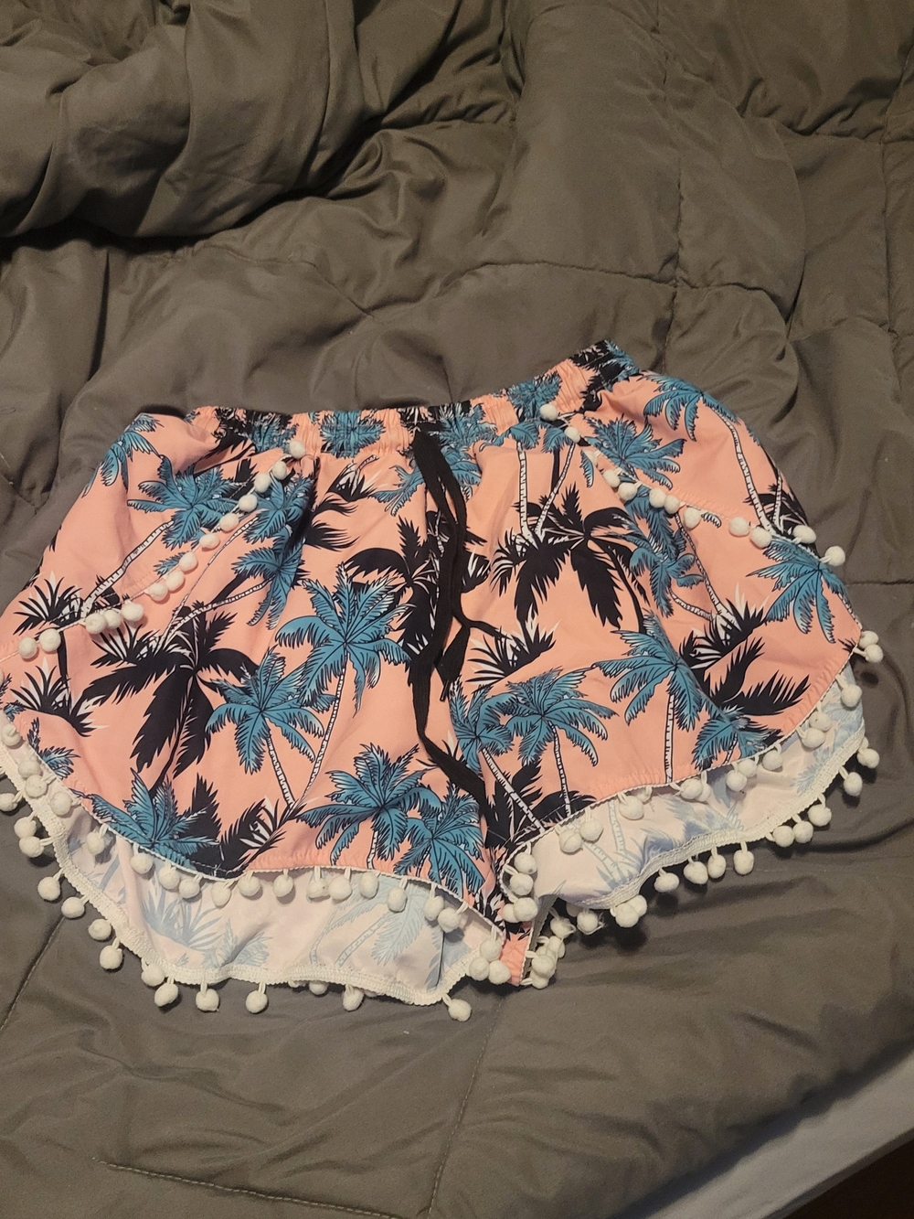 SHEIN Pink Palm-Print High Waist Pom Pom Shorts